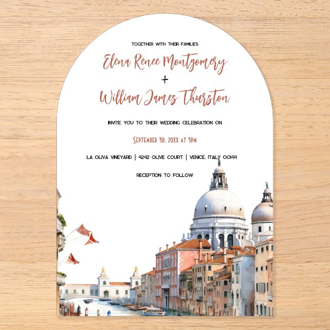 Invitations En Acrylique Aquarelle romantique Italie Destination Mariage (Recto)
