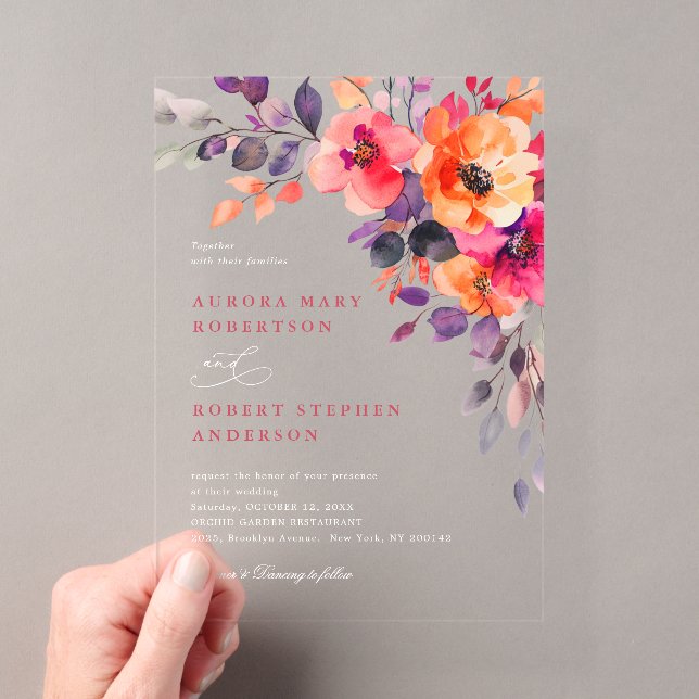 Invitations En Acrylique Aquarelle rose brillant rose orange Mariage floral (In situ (ordinateur de poche))