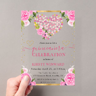 Invitations En Acrylique Aquarelle rose Coeurs or Fleurs Quinceanera
