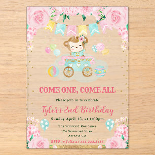 Invitations En Acrylique Aquarelle rose Fleurs Anniversaire de enfant singe