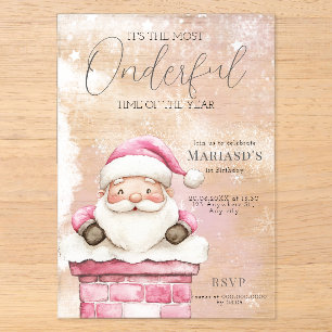 Invitations En Acrylique aquarelle Rose Noël Père Noël 1er anniversaire