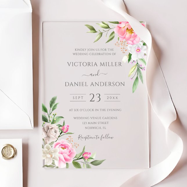 Invitations En Acrylique Aquarelle rose pivoines florales Mariage élégant (Créateur téléchargé)