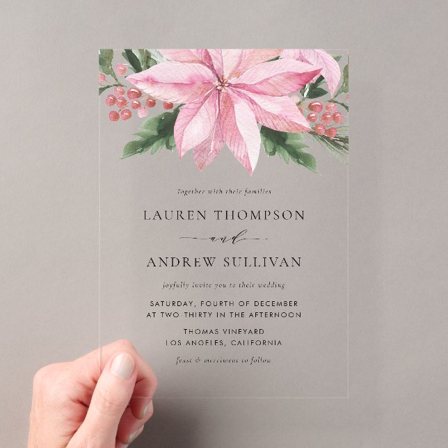 Invitations En Acrylique Aquarelle rose Poinsettia Floral Mariage d'hiver (In situ (ordinateur de poche))