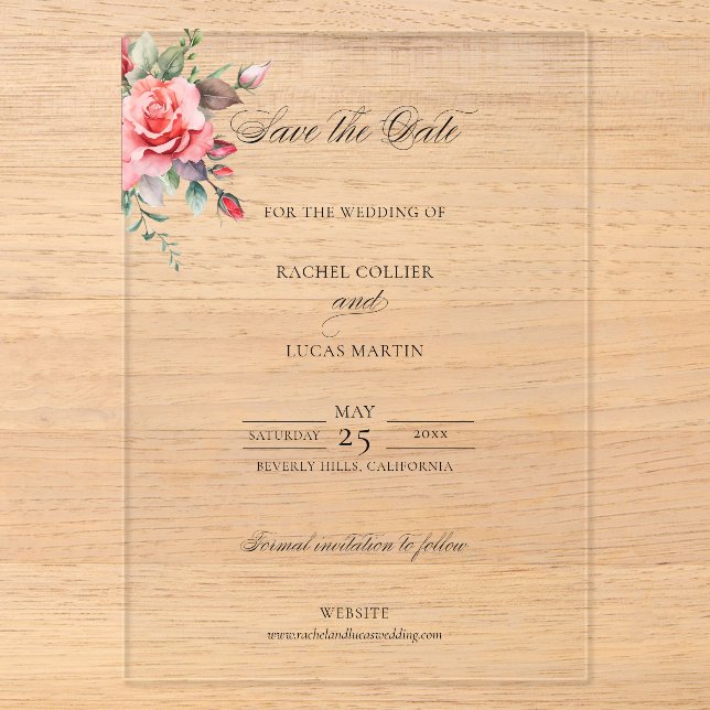 Invitations En Acrylique Aquarelle rose roses et calligraphie Enregistrer l (Recto)