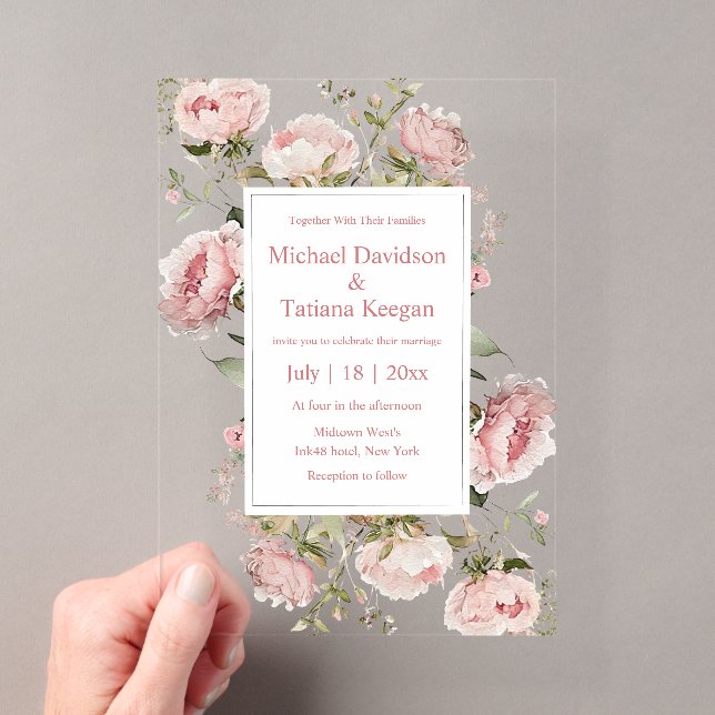 Invitations En Acrylique aquarelle rose script fleurs florales mariage (In situ (ordinateur de poche))