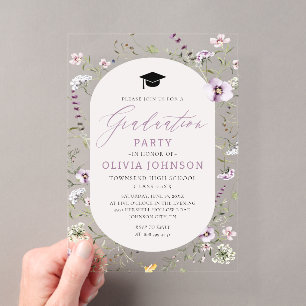 Invitations En Acrylique Aquarelle rose violet Fleur sauvage Graduation