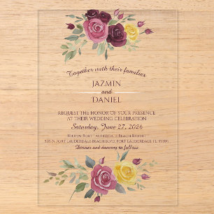 Invitations En Acrylique Aquarelle Roses rouges Bourgogne Jaune