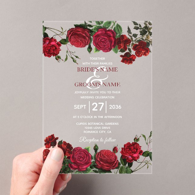 Invitations En Acrylique Aquarelle Roses rouges Effacer Mariage transparent (In situ (ordinateur de poche))