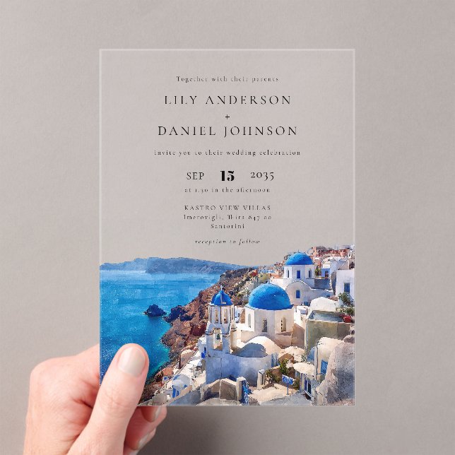 Invitations En Acrylique Aquarelle Santorini Grèce Destination Mariage (In situ (ordinateur de poche))