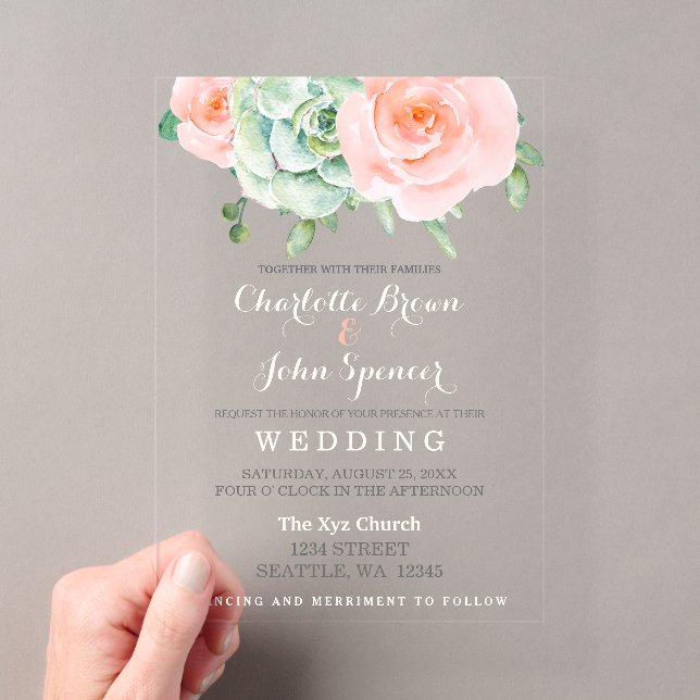 Invitations En Acrylique Aquarelle Succulent Blush Floral Élégant Mariage (In situ (ordinateur de poche))
