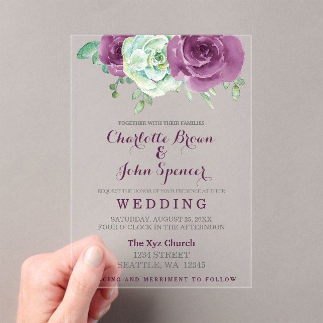 Invitations En Acrylique aquarelle succulent prune rose mariage (In situ (ordinateur de poche))