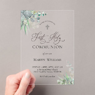 Invitations En Acrylique aquarelle verdure feuillage Première Communion