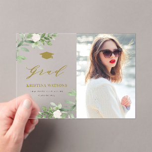Invitations En Acrylique Aquarelle Verdure Fleurs Blanches Remise des diplô