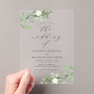 Invitations En Acrylique Aquarelle Vert et Fleurs blanches Mariage gris
