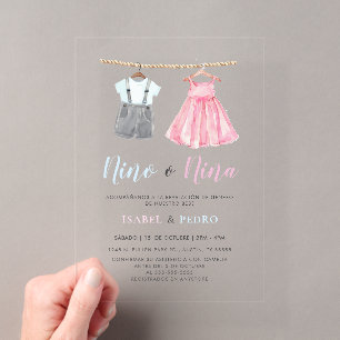 Invitations En Acrylique Aquarelle Vêtements de bébé espagnol Révélation de