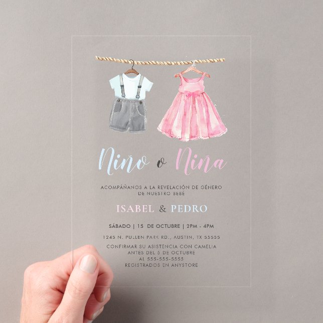 Invitations En Acrylique Aquarelle Vêtements de bébé espagnol Révélation de (In situ (ordinateur de poche))