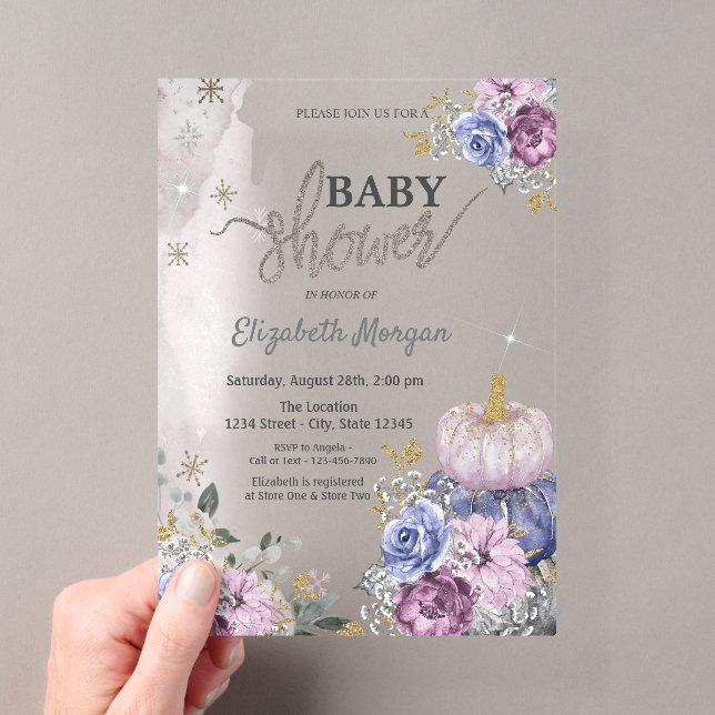 Invitations En Acrylique Aquarelle Violet Citrouille Baby shower Fleurs (In situ (ordinateur de poche))
