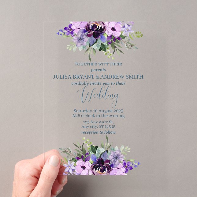 Invitations En Acrylique Aquarelle violette et verte mariage floral (In situ (ordinateur de poche))
