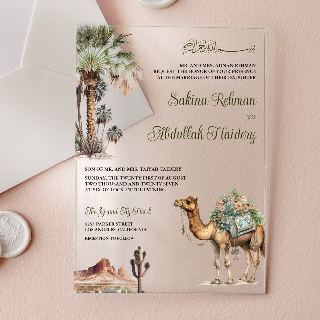 Invitations En Acrylique Arabian Palm Desert Camel Muslim Wedding (Créateur téléchargé)