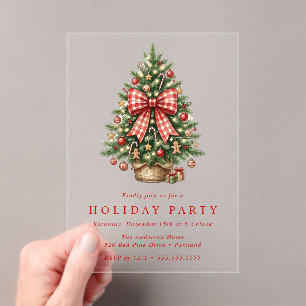 Invitations En Acrylique Arbre de Noël à l'aquarelle Ruban Gingham Rouge Fê