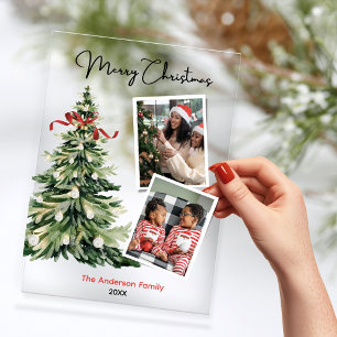 Invitations En Acrylique Arbre de Noël élégant deux photos personnalisées