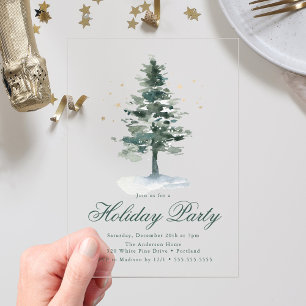 Invitations En Acrylique Arbre élégant enneigé pins étoiles dorées fête de 