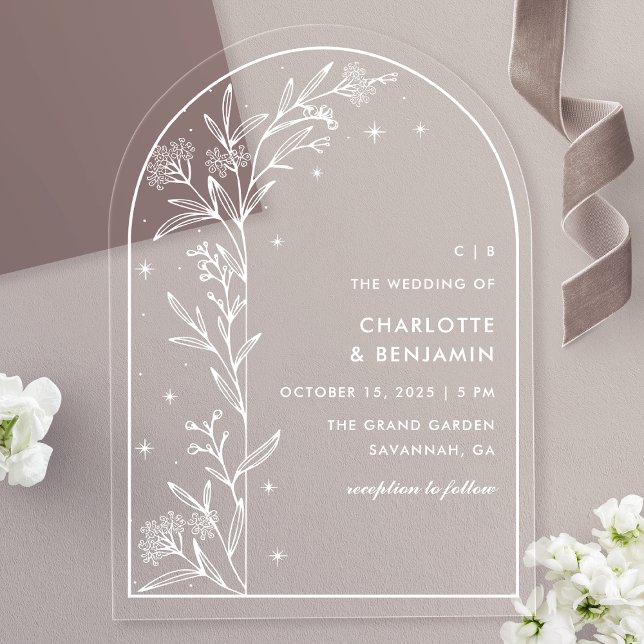 Invitations En Acrylique Arc céleste blanc étoilé Mariage botanique (Créateur téléchargé)