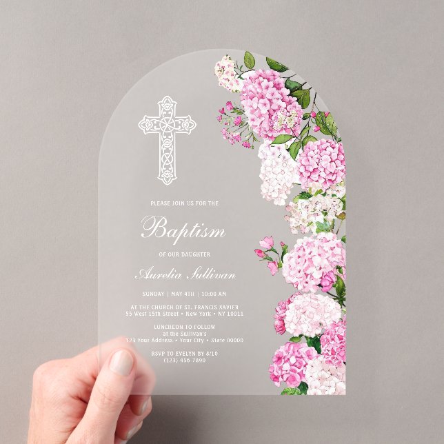 Invitations En Acrylique Arc de baptême d'hortensia rose élégant (In situ (ordinateur de poche))