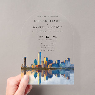 Invitations En Acrylique Arc de mariage à l'aquarelle de la skyline élégant