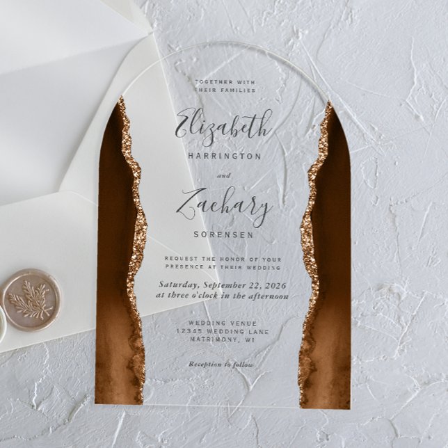 Invitations En Acrylique Arc de Mariage moderne Mocha Brown Gold Agate (Créateur téléchargé)
