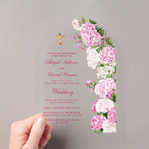 Invitations En Acrylique Arc de mariage religieux Hortensia rose