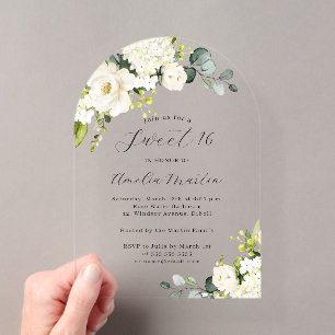 Invitations En Acrylique Arc Élégant Blanc Ivoire Floral Sweet Seize