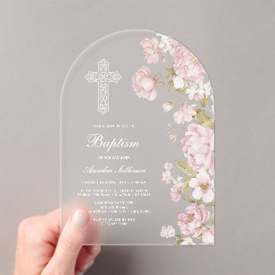 Invitations En Acrylique Arc élégant de fleurs rose pour baptême
