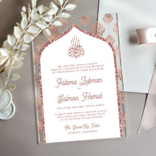 Invitations En Acrylique Arc en Damas doré Rose Blanche pour mariage musulm