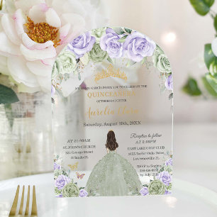 Invitations En Acrylique Arc Floral de Quinceañera Sage Vert pourpre Lilac