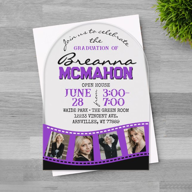 Invitations En Acrylique Arc Graduation Photo Filmstrip Purple Frosted (Trendy Arched Purple and Black 4 Photo Filmstrip Graduation Invitation on Frosted Acrylic)