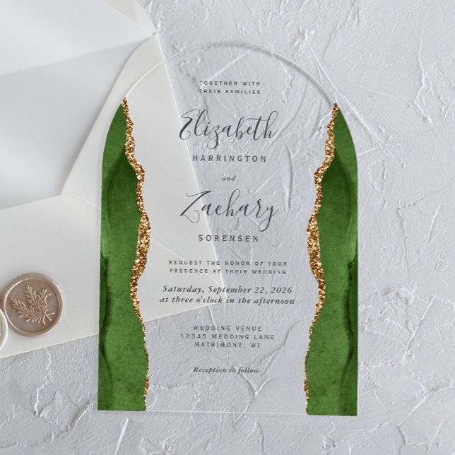 Invitations En Acrylique Arc Mariage moderne Hunter Green Gold Agate (Créateur téléchargé)