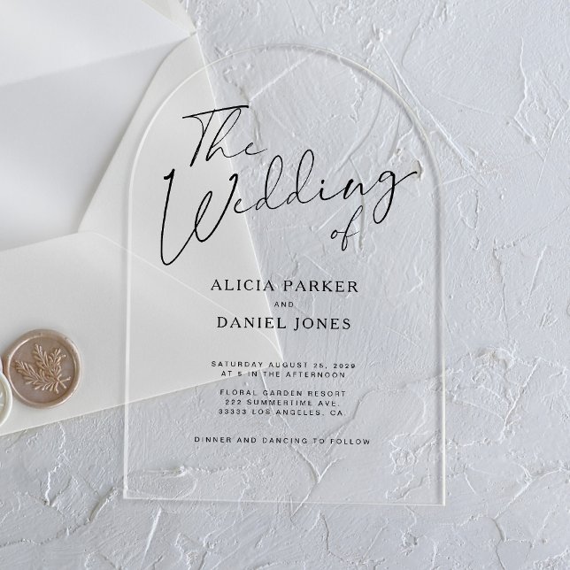 Invitations En Acrylique Arc moderne noir calligraphie script mariage (Créateur téléchargé)