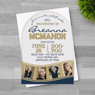 Invitations En Acrylique Arch Graduation Photo Filmstrip Marine Bleu & Or