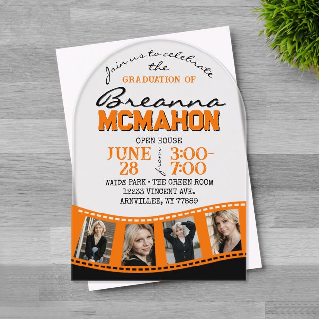 Invitations En Acrylique Arch Graduation Photo Filmstrip Orange Frosted (Arched Orange and Black 4 Photo Filmstrip Graduation Invitations on Frosted or Clear Acrylic)