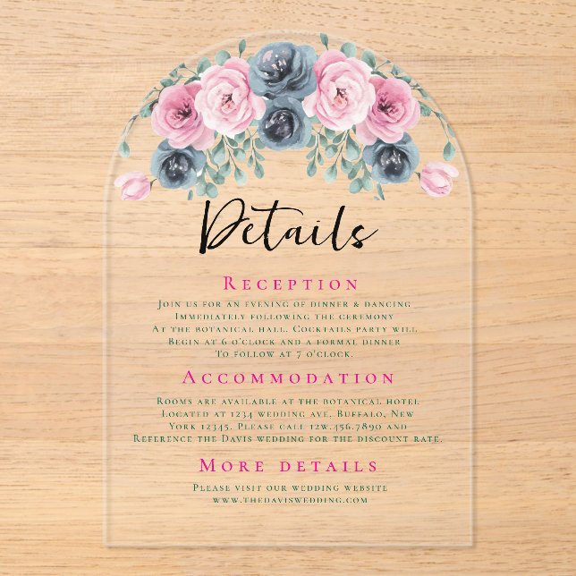 Invitations En Acrylique Arch Pink and Blue Blooms Détails du Mariage (Recto)