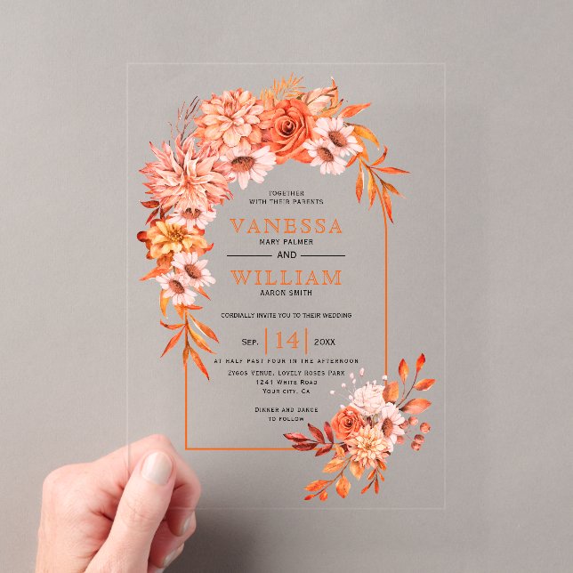 Invitations En Acrylique Arche avec fleurs orangées mariage de automne fleu (In situ (ordinateur de poche))