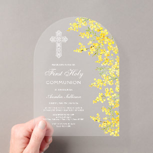 Invitations En Acrylique Arche de fleurs de mimosa pour la première communi