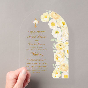 Invitations En Acrylique Arche de fleurs jaunes Mariage religieux