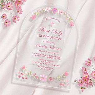 Invitations En Acrylique Arche de fleurs roses pour la première communion