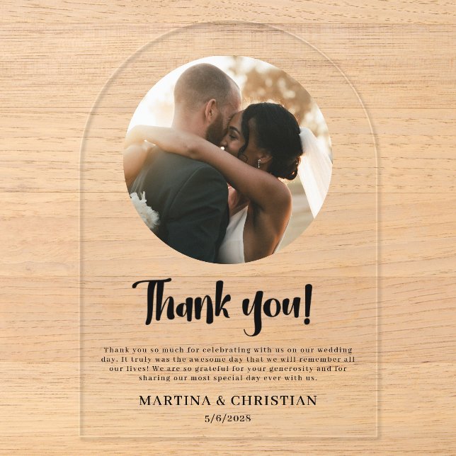 Invitations En Acrylique Arche de Merci Mariage de script photo (Recto)