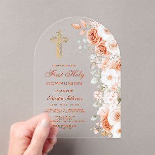 Invitations En Acrylique Arche de roses en terre cuite et blanches pour la 