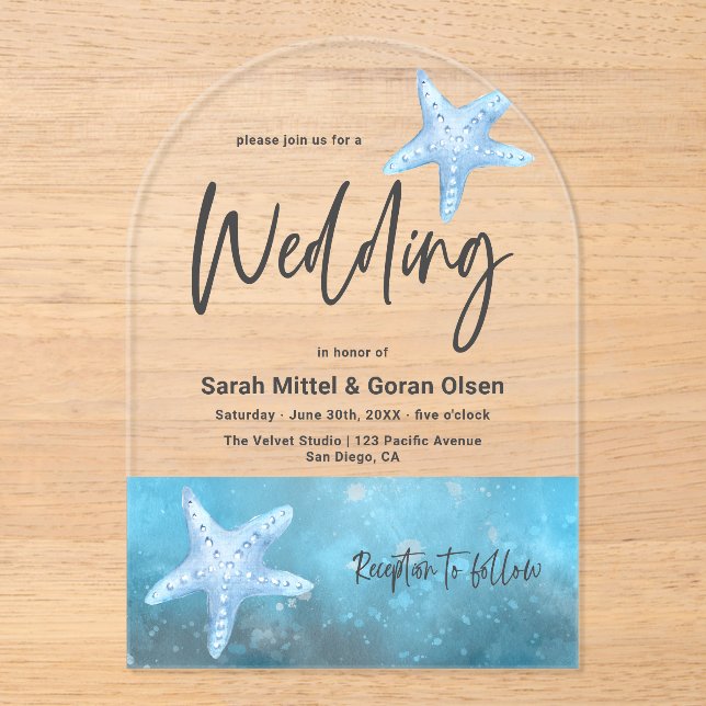 Invitations En Acrylique Arche Mariage de la mer Bleue profonde (Recto)