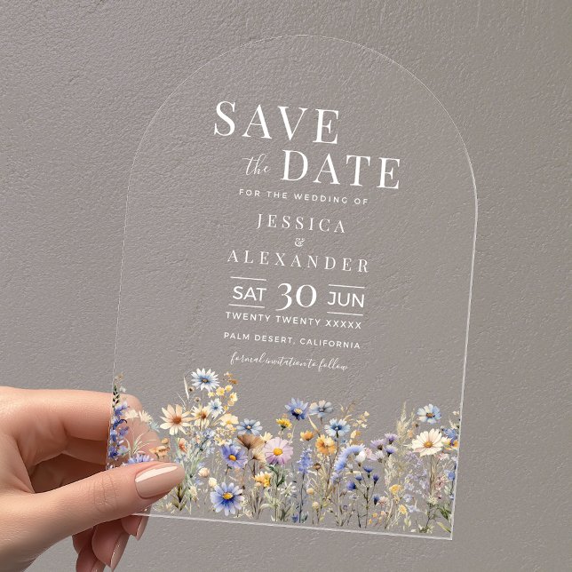 Invitations En Acrylique Arche Mariage Fleur sauvage couleur bleu-duché (Dusty Blue Watercolor Wildflowers Wedding Arch Save the Date on Clear Acrylic with White Text.)