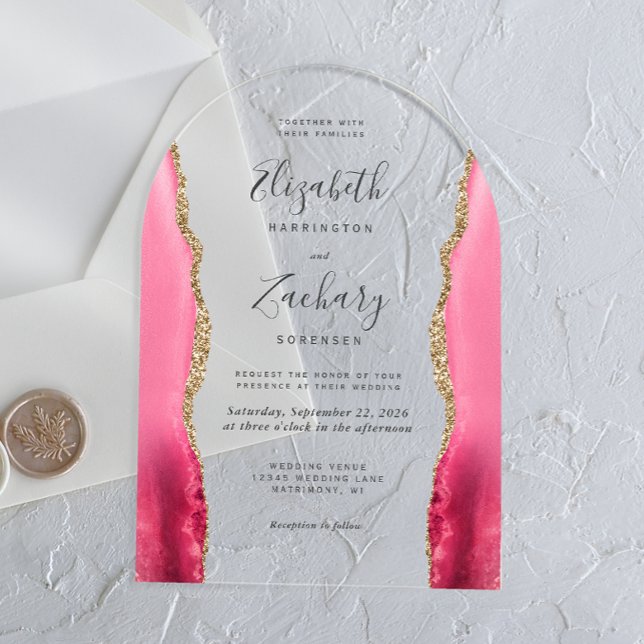 Invitations En Acrylique Arche Mariage moderne Pink Or Agate (Créateur téléchargé)